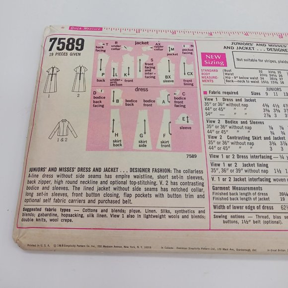 Simplicity 7589 Vintage Sewing Pattern 1960s Dress & Jacket Miss Size 12 Bust 34 - Picture 6 of 7